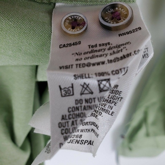Ted Baker Mens Oxford Button Shirt Green Tab Sleeve Contrast Cuff Size 4 Large - Picture 4 of 4